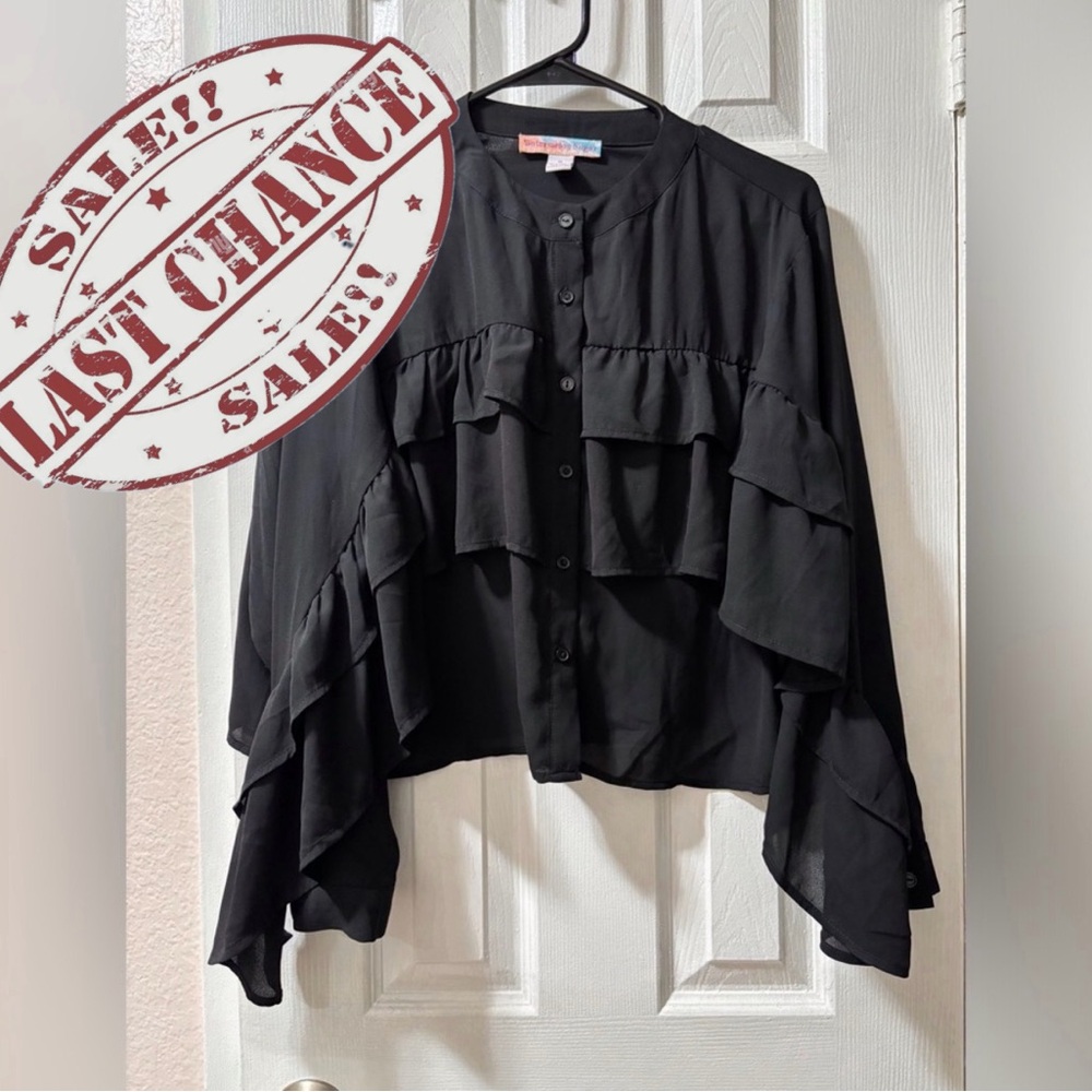 Watermelon Sugar Women’s M Black Ruffled Top With Full Ruffle Sleeves